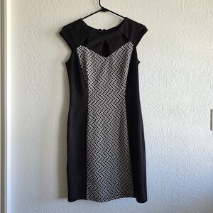 Enfocus Studio Black Midi Sheath Dress with White Patterned Front